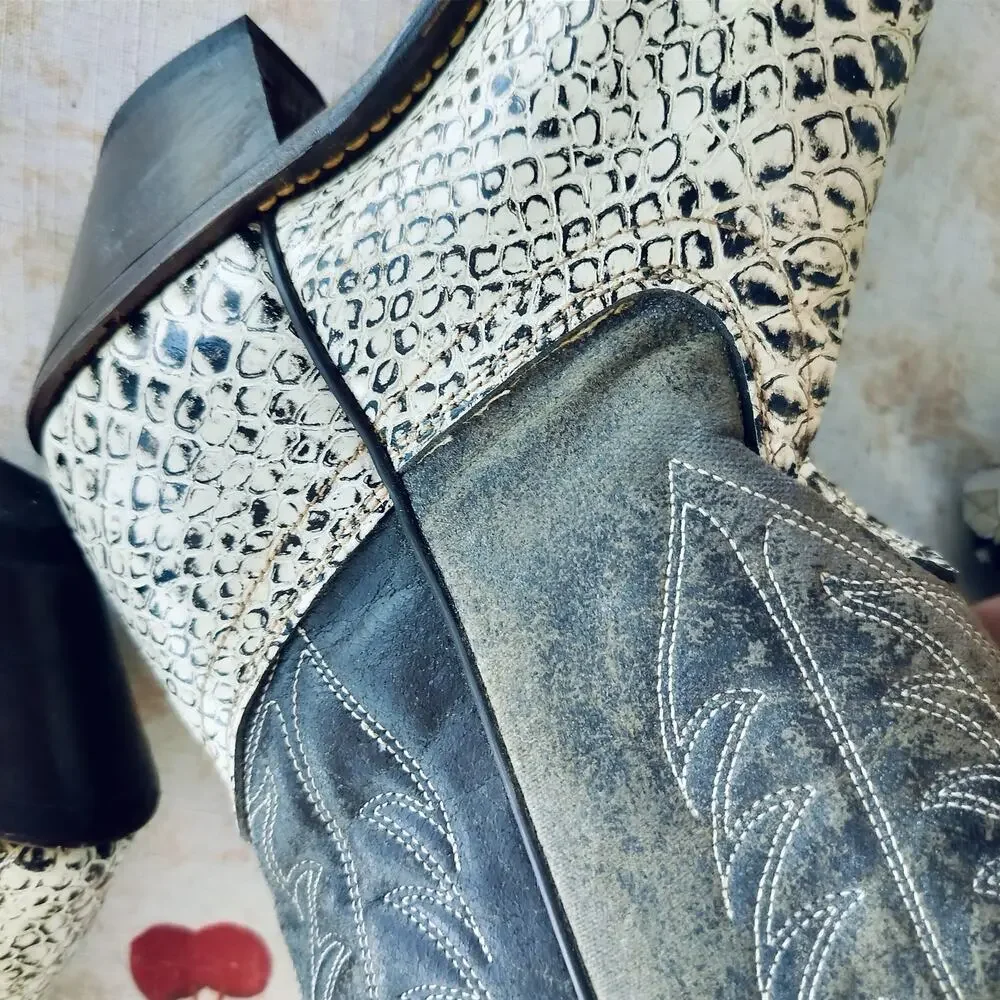 4840)Sheplers Leather Vamp Phyton Women Pointed Toe Silver Tips Cowgirl Boots 8M - Picture 12 of 13